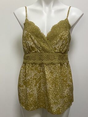 ELLE Lace Trim Camisole Babydoll Tank Top Olive Green Boho Size L NWT